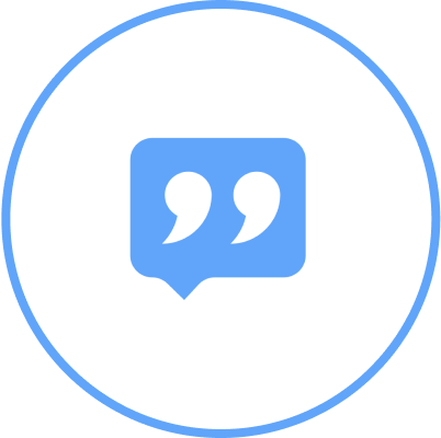 Blue quotation icon inside a circle.