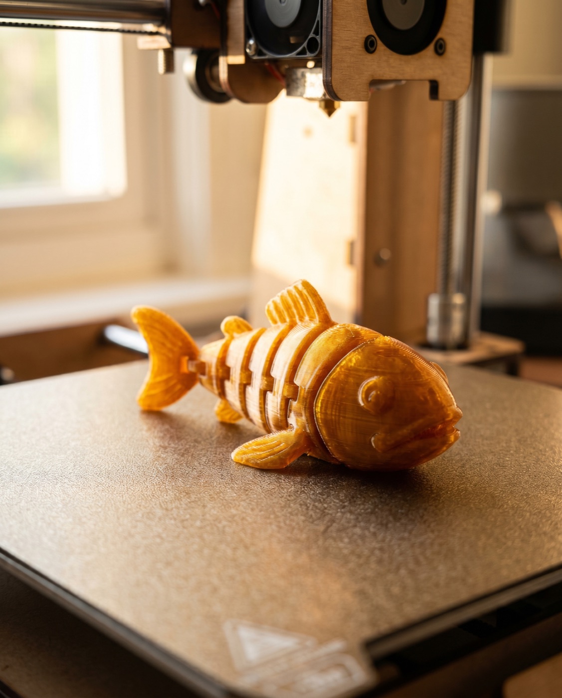 A freshly printed amber flexi fish resting on a 3D printer build plate